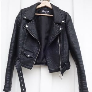 NASTY GAL faux leather motto jacket.